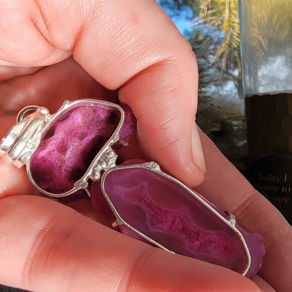 Pink Agate Geode Pendant Sterling Silver, Handmade Boho Crystal Necklace - Picture 8 of 10